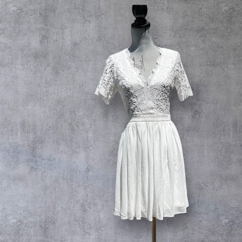 Lulu's White Spring Summer Cottage-core Festival Crochet Party Feminine Dress